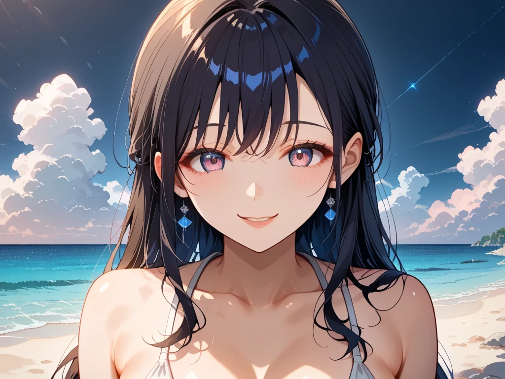 masterpiece, highest quality, 8K, ultra high resolution, highest quality, anime style, best writing, beautiful face, beautiful lighting, 1 girl, alone, Akane, black bikini, ruffle bikini, laughter, morning, The best sunshine, medium-sized chest,  black hoodie, Open Front, From above, field, beach, whole body