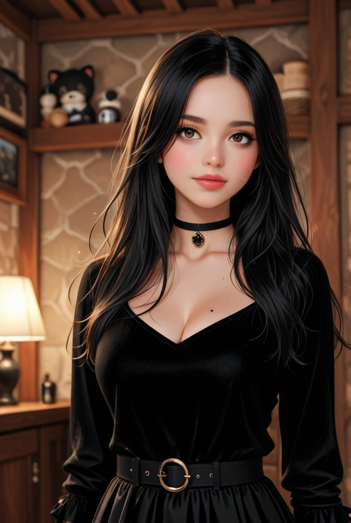 A manicurist girl with long straight hair and bangs on her forehead, very black in color, round face, slightly big and very black eyes, slightly thick lips, flat nose, sitting in a nail salon, dressed in black, dark red lips and brown skin.
