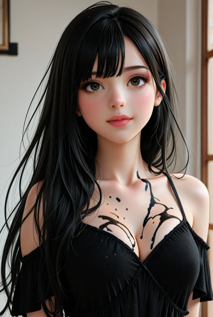 , tight body, long black hair, bangs, ((face intricate details)), hdr, ((body of intricate details, hyperdetailed)), 8k extremely detailed, high resolution, ultra quality, small breasts, wearing lingerie ((transparent:1.5)) (beauty, porcelain) framed ((half naked)) by a very tight naked body, (dark skin) highlighting tonic (inner thigh) and visible breasts (very cleavage), ((ultra seamless camel toe visible exposed)) , black pubic hair clearly visible in the tropical jungle, character sheets back and front, masterpiece, realistic, ultra high res, high quality.
