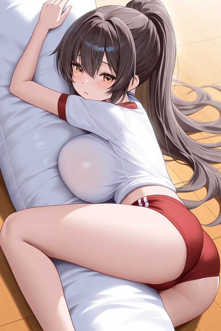 (masterpiece, top quality), 1 girl, NSFW, Schoolgirl uniform, Blue bed, Embarrassing, Show off, Flat breasts, Panties, Clear, Extra large shirt, (Long brown hair: 1.4), Bra, , Lying down, Spread legs, Legs spread, Open legs, Angry, Serious, Seductive, Angry, plump