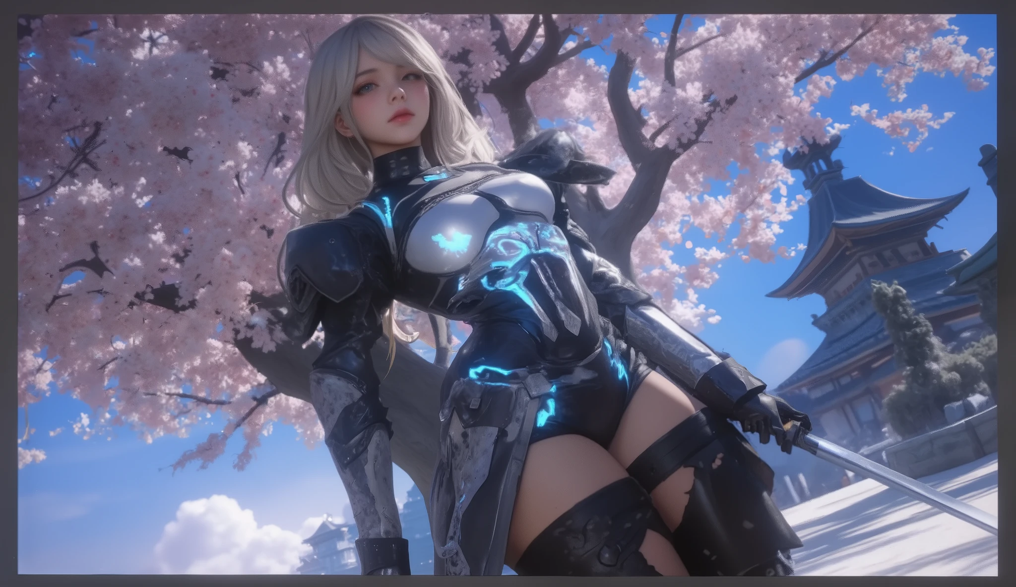 1girl, android girl, half futuristic silver light armor, half lingerie with stockings and garter belt, bustier with lace bra, latex whip, slim body, purple detailed eyes, pink and white hair, extremely detailed face, perfect facial symmetry, perfect body, on unknown planet, in the background futuristic spaceship, view from below in pov, concept art, digital painting, cinematic lighting, dramatic shadows, vibrant colors, intricate details, hyperrealistic, (best quality,4k,8k,highres,masterpiece:1.2),ultra-detailed,(realistic,photorealistic,photo-realistic:1.37)