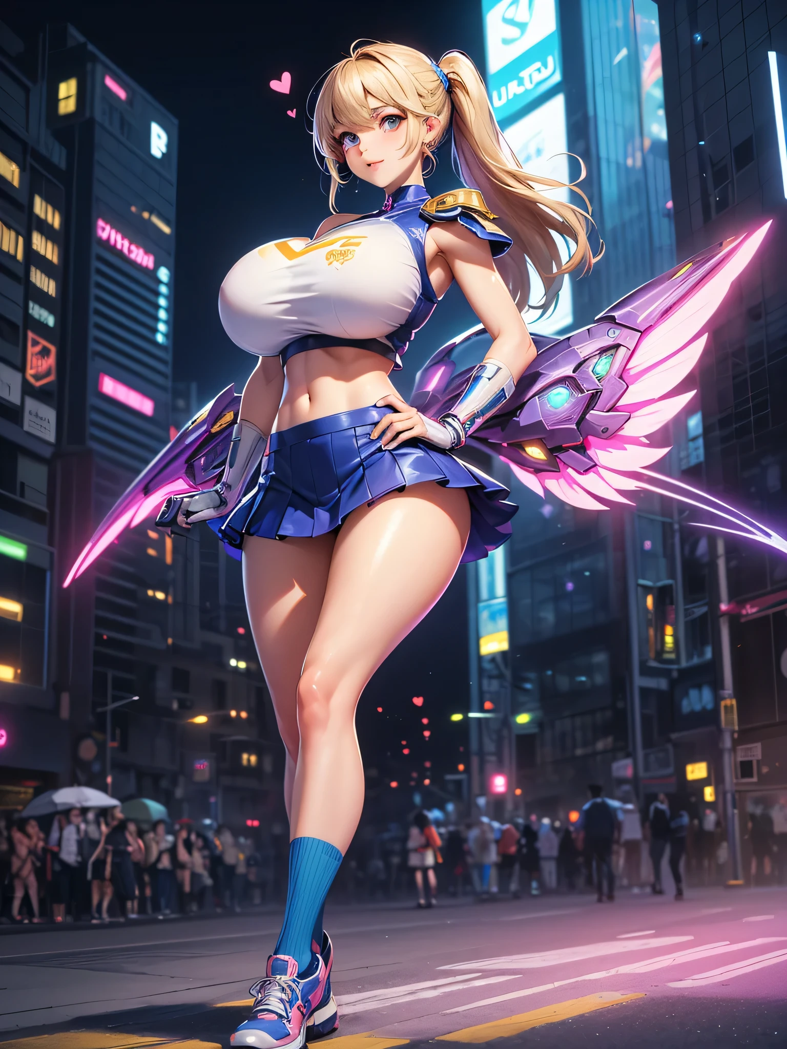 realistic, 1girl, blue hair, purple eyes, bright eyes, cropped top, skirt, lips half-open, blush, night, flowers, sun, sunlight, multiple poses, cyberpunk, curvy body, model, fairy wings, tattoo, neon,