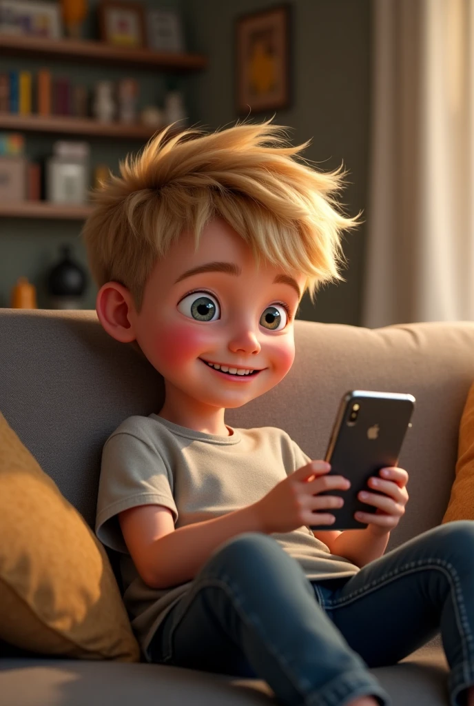 A boy with curly blond hair, green eyes, a green shirt, beige short pants sitting on a couch, looking on his black phone and scratching his back