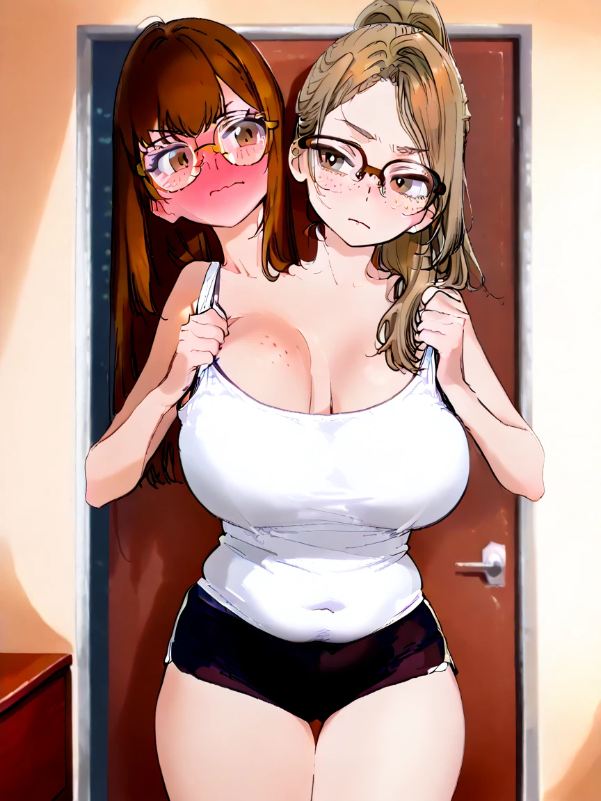 2 heads, a tall thin woman with 2 heads. Extremely huge breasts. In a bedroom. Wearing a sweater. Wearing jeans. Young. Happy. Thin face. Seductive eyes. Long messy hair. Sexy. Smiling. Gigantic breasts. Nerdy, sexy nerd appearance. Deep cleavage. Wet breasts. Gigantic round breasts. Enormous fake round breasts. Giant circular breasts. Selfie POV, taking a selfie.