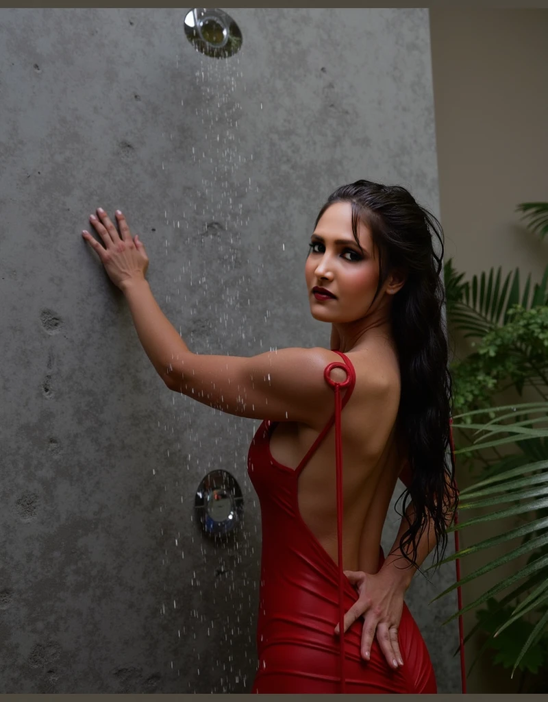 Beautiful woman in red bikini while taking shower square wall