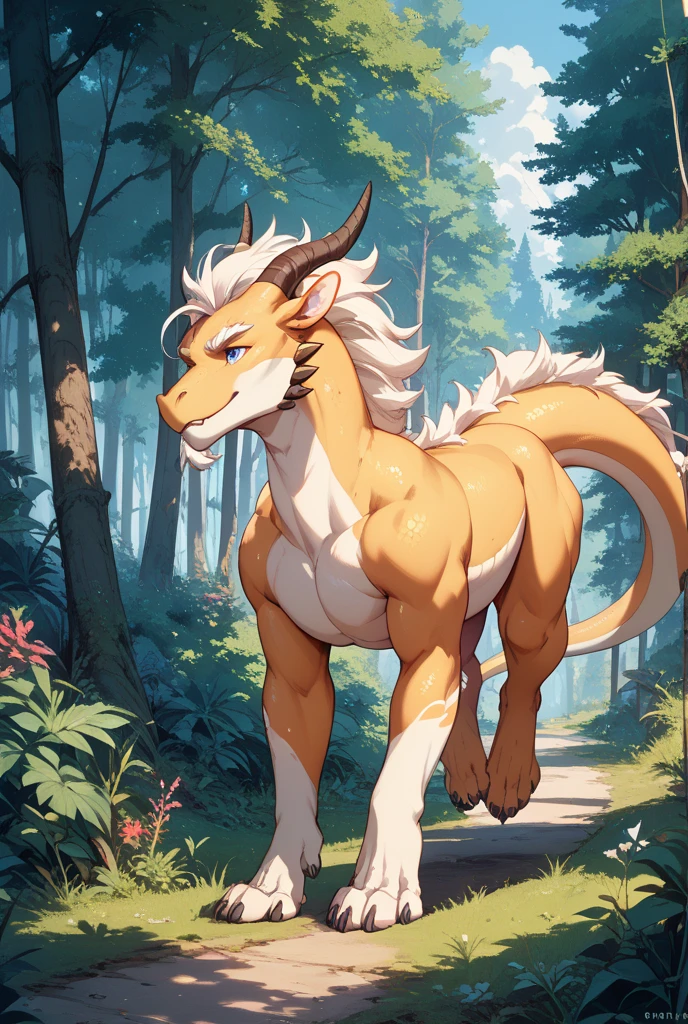 ultra-detailed, masterpiece, masterwork, high quality, best quality, hdr, (nature), nsfw, male, solo, dragon, ((nude)), (little white body minotaur), (long silver hair, yellow eyes), standing, dynamic angle, (micropenis, foreskin, perfect balls), public hair