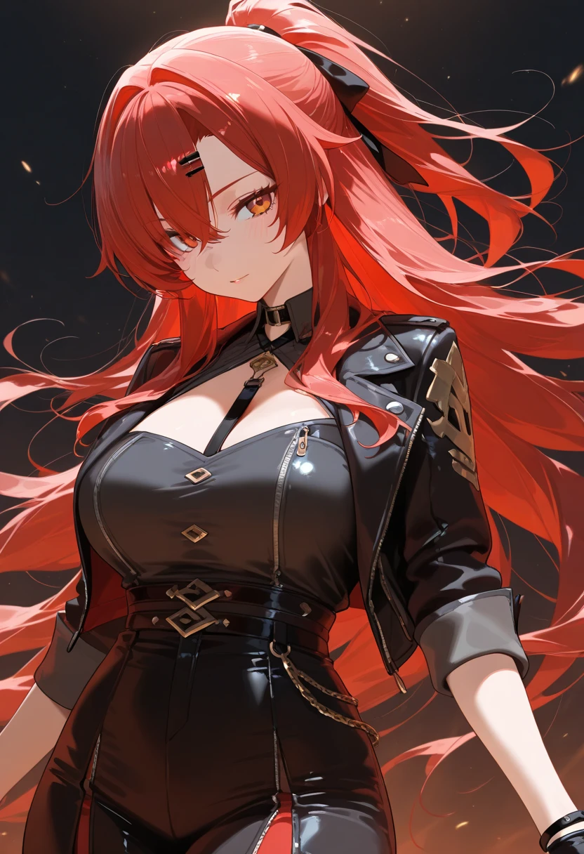 最high quality、best image quality、masterpiece、girl((20-year-old、 By becoming、vest bust、medium bust,wide open breast tea、shining eyes, glowing red hair、long hair、thin,highest valley、black and red suit、Wristband、black gloves、fight pose、inflammation from hands)),high quality、beautiful art、background((inflammation、volcano、magma、eruption、meteorite))、Flight、debris flies、Depth of written boundary、movie、visual art、perfect art、8K,genuine、