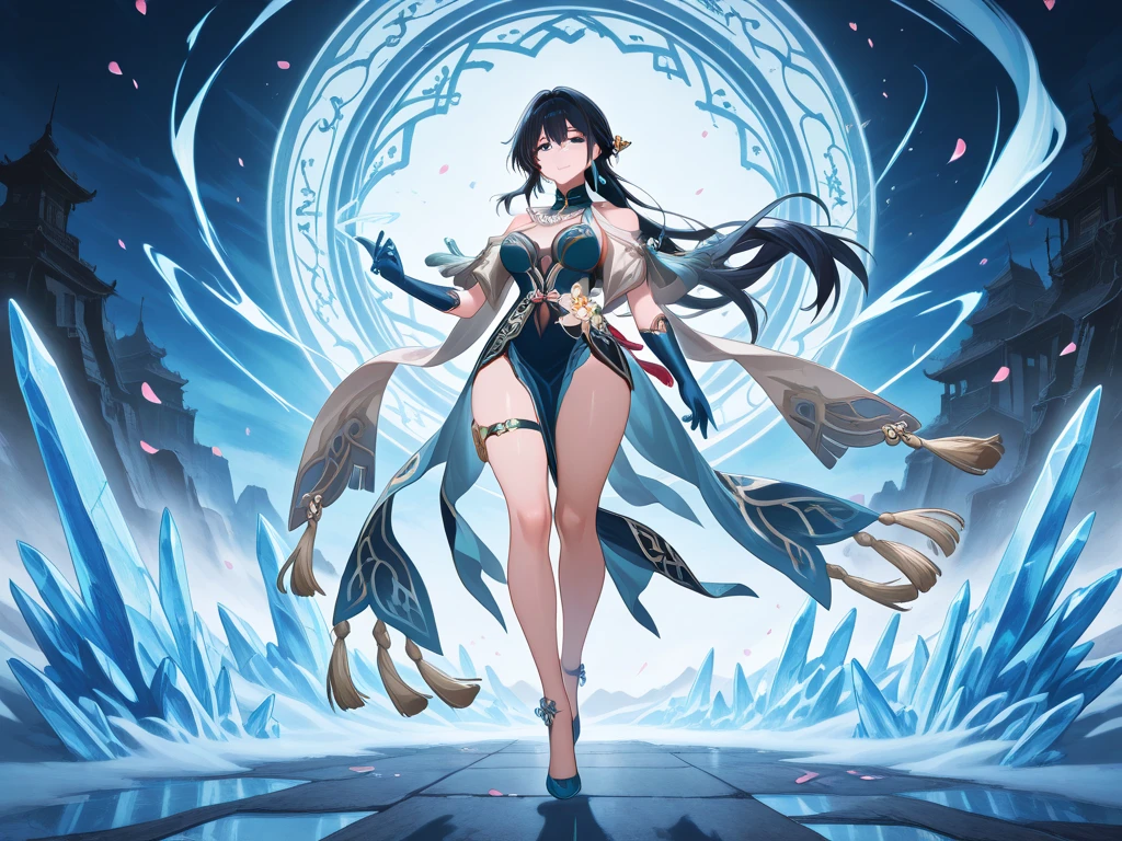 full body A slender half-elf, her pale skin reflects a bluish tone, her long “black hair”``face more detail focus on eyes´´ like the night runs down her back, the well-defined bangs highlight her crystalline blue eyes, which reflect the purity of her gaze. To the
Slightly pink cheeks highlight the full lips of a large magic staff toned in a light orange tone.
