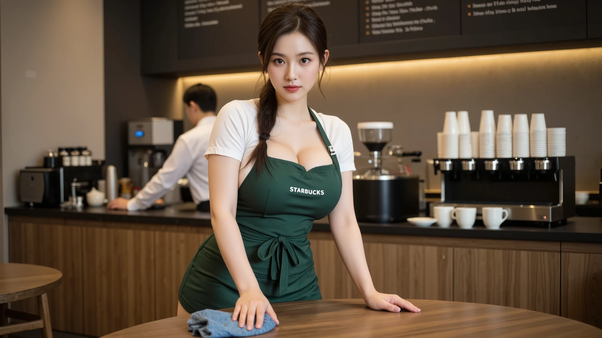 pov,Haerin,BODYRUBY-FLUX,BODYRUBY,Cowgirl. A beauty in a Starbucks uniform makes coffee, Big breast、just wearing naked apron、full body, naughty seductive pose, starbucks branding,(short apron:1.2),cleavage, Asian woman, long brown hair in ponytail, wearing green apron over white top, cleaning round wooden table with blue cloth, body turned slightly right, left three-quarter view, angled perspective, inside modern coffee shop, wooden counter, coffee machine with cups, warm lighting, cozy atmosphere, photorealistic style, focused expression