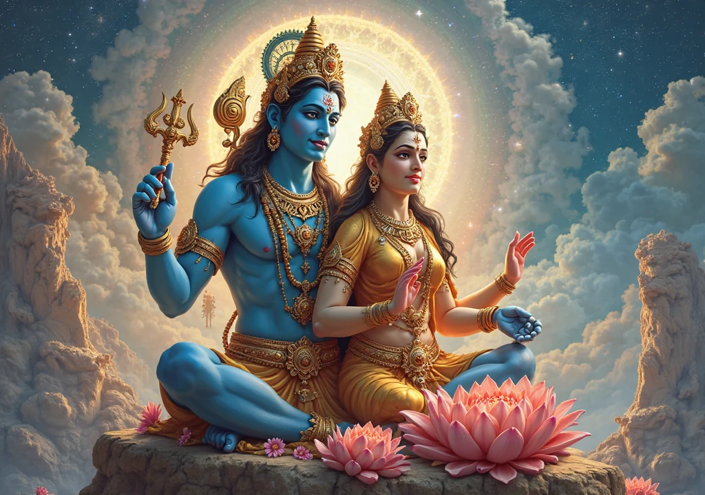 Lord Shiva and goddess Parvati together, the fiercest form of Lord Shiva and goddess Parvati toge, Hyper-realistic, intricate details, Cinematic Lighting, DC Poster like Feel