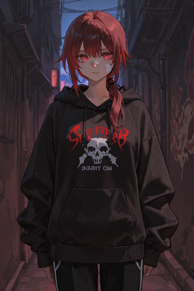 Make me a 17 year old boy,white with long red hair tied up,blue eyes is black,with a strawberry earring ,a nose piercing with a collar necklace with a long blouse with a skull on the front, black cargo pants and an ALL star in the anime style yarichin b club