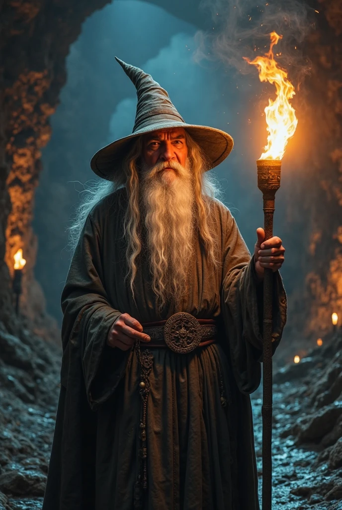 Old wizard with long grey beard and hair, wearing a pointed grey hat ...
