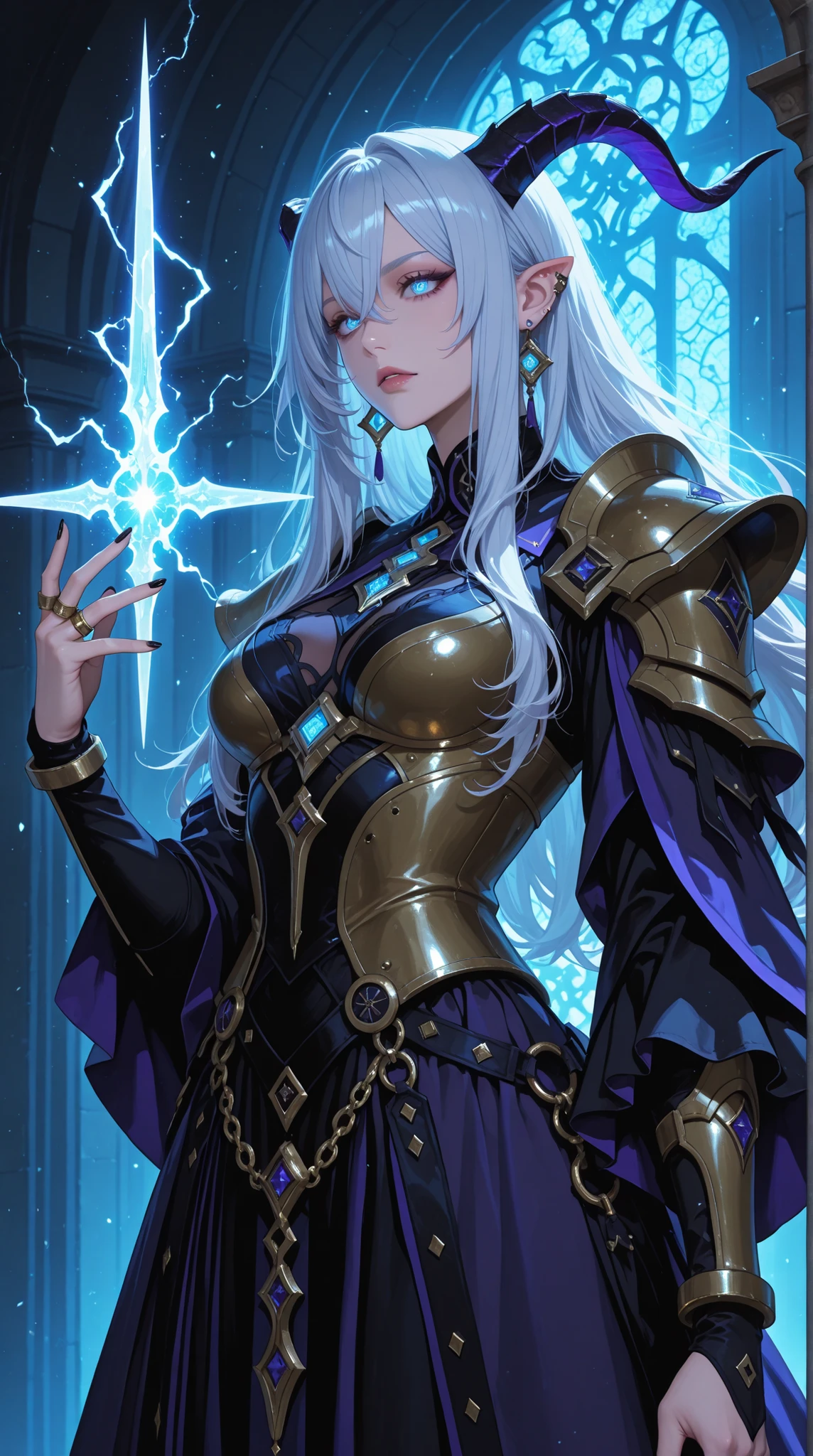 arkane_dark,magic,A regal demon sorceress with curled obsidian horns and piercing blue eyes, her long silver hair cascading over angular armored pauldrons with violet accents. She wears a deep-cut indigo and gold bodice with arcane crystal inlays, her fingers adorned with black nails and golden rings. One hand clutches a glowing shard crackling with violet lightning. Photographed in high-fantasy anime illustration style, dramatic lighting from behind accentuates the magical energy.