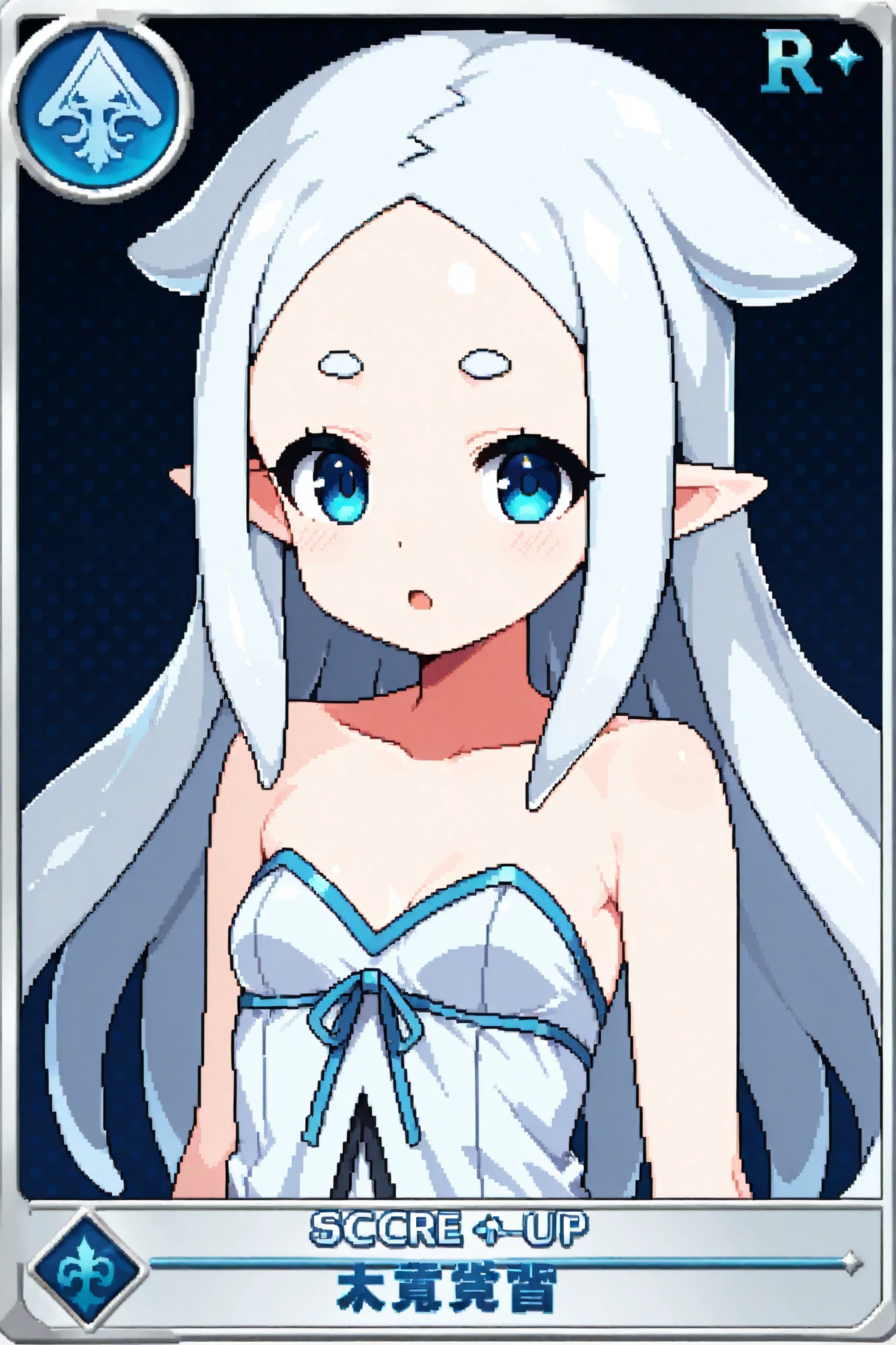 score_9, score_8_up, score_7_up, source_anime, 1girl, solo, pixel art, playingcard, trading card, card_(medium), RPG stats, (squid girl), tentacle hair BREAK
Tentacle hair, (white hair), forehead, long hair, blue eyes, small breasts, pointy ears BREAK
White dress, bare shoulders, strapless, sleeveless, collarbone BREAK
Looking at viewer, open mouth, standing, cute face
Portrait, blue background, simple background