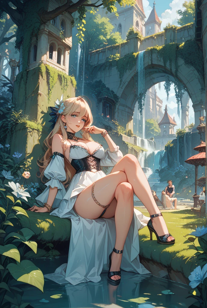 There was a woman sitting in a tree，Silvery-white hair，Wearing a white dress, White stockings，expose feet，Fantasy art style, 2. 5 D CGI anime fantasy artwork, Fanart Meilleure ArtStation, Extremely detailed Artgerm, 4K fantasy art, Guweiz on ArtStation Pixiv, Art germ on ArtStation Pixiv, Guweiz in Pixiv ArtStation, IG model | Art germ，gentleness