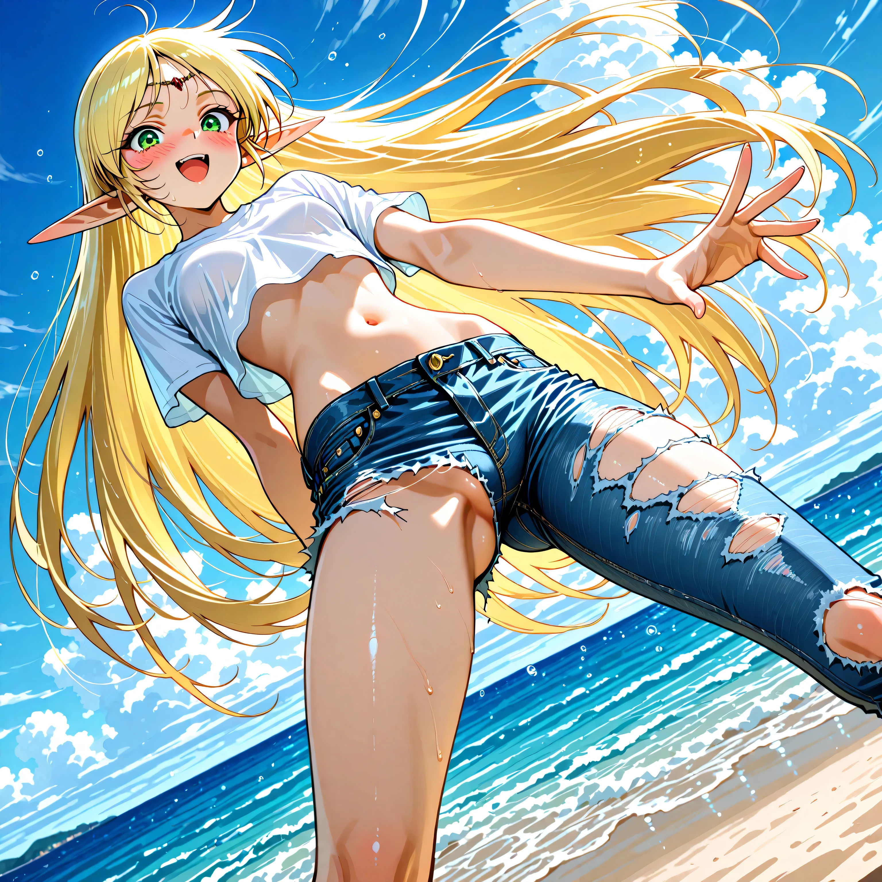 masterpiece,best quality,high score, highres, incredibly absurdres, amazing quality,8K, yuuki nobuteru artstyle,
1girl,solo,dutch angle,
deedlit, pointy ears, elf, blonde hair, green eyes,small breasts,
dynamic expression, blush,embarrassed,smile,open mouth,looking at viewer,
dynamic pose,standing,legs apart,
jeans,torn jeans,single pantsleg,undersized clothes,partially visible vulva,white t-shirt,crop top,
DAY,ocean,wind,