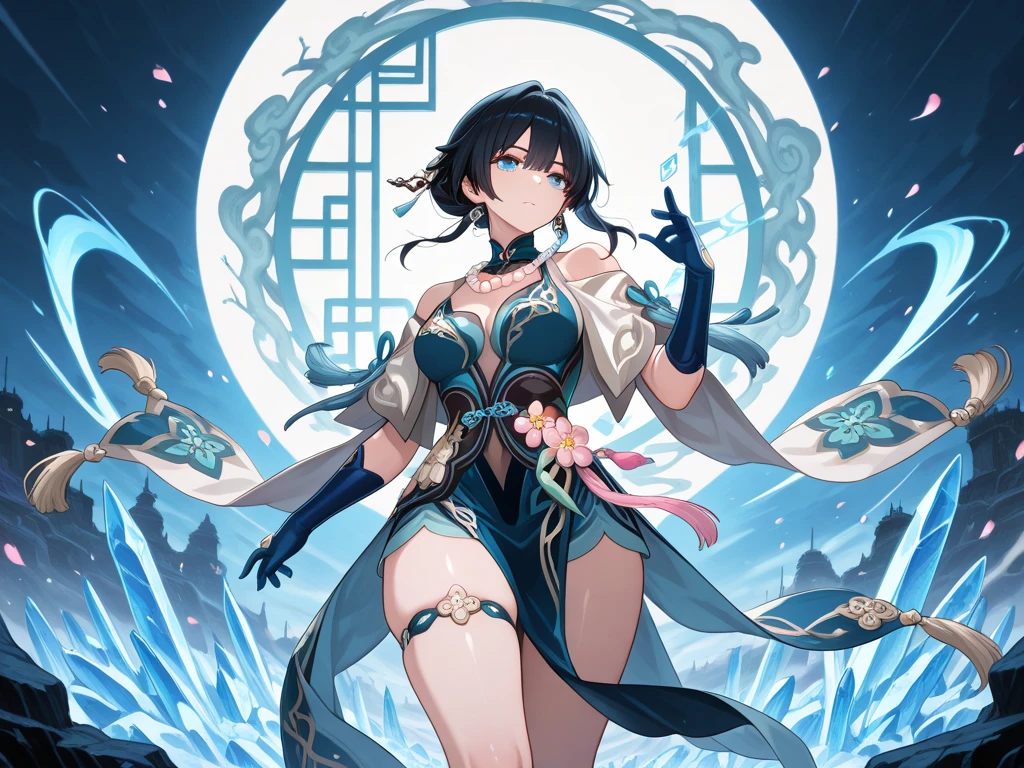 night, ((1 girl)), Solitary, masterpiece, 8k wallpaper, high resolution, absurd, High quality background, short hair, Black Hair, Multi-colored hair, Beautiful frozen village, (round bright moon), Blue Dress, Detailed dress, Jewelry Dress, (magic:1.2), blue fire, blue eyes, Glowing eyes, fire, Goddess of Ice, (Blue detailed beautiful crown), electricity, blue electricity, Blue light particles