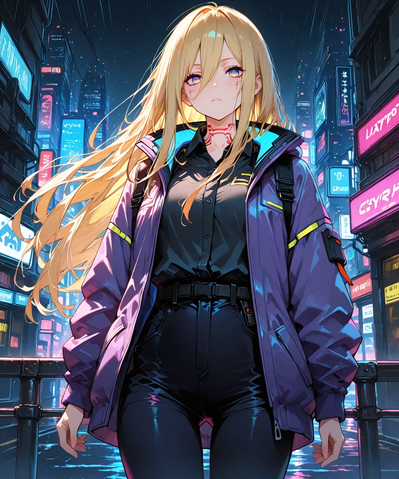 (high quality,Very detailed:1.37, High resolution), Woman, (very long hair:1.5), blonde hair, (multicolored eyes:1.5), blue eyes, yellow eyes, large breasts, (wetting herself:1.5), standing, (jacket:1.5), colorful jacket, (jeans:1.5), (arms crossed:1.5), embarrassed, humiliation, angry, blushing, Cyberpunk Style, Cyberpunk Cityscape, Neon Light, High-tech accessories, Meticulous details, (extremely detailed eys:1.37), Glowing LED pattern, Urban scenery, Futuristic elements, Mysterious Aura, ,Flying cars racing through the air, Holographic Advertising, Visually stunning architecture, Energetic and dynamic poses, Gives off a powerful aura, The cityscape reflected in her metallic eyes, Graceful movement amidst chaos, A moonlit sky with a futuristic hue, Pulsating Electronic Soundtrack, Enhanced Augmented Reality Overlays, Interacting with virtual objects in the environment