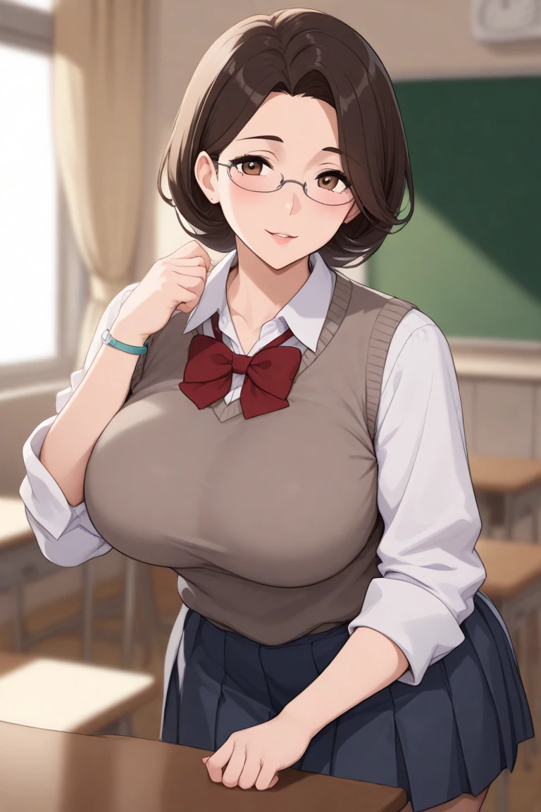 score_9, score_8_up, score_7_up, score_6_up, score_5_up, score_4_up, BREAK, source_anime, anime screencap, anime coloring, a stiff-looking beautiful female teacher, detailed beautiful big brown eyes, huge breasts, 36 years old, milf, black hair, skinny, One length medium bob hair, asymmetry_bangs, forehead, hair behind ear, Wears glasses, white shirts, short sleeves, black micro skirt, skintight, zettai ryouiki thighhighs, teaching in front of the blackboard, holding a chalk and a textbook, smile, classroom, thigh gap, many students