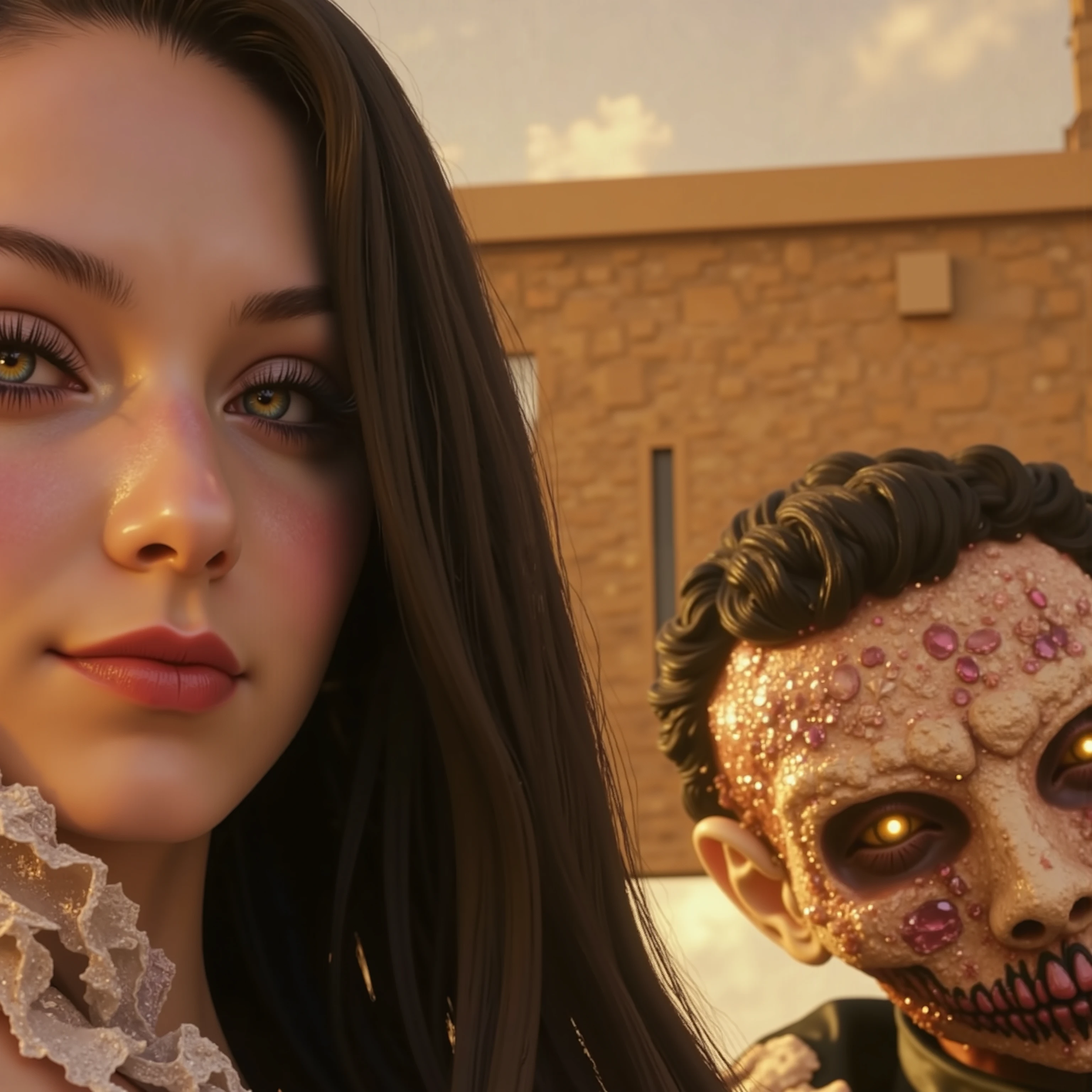 a close up of a beautiful young bride standing with a skeleton groom wearing a jeweled crown, both in elaborate Victorian/Gothic style wedding clothing, intricate lace, ultra-realistic, photo-realistic, cinematic, dark moody lighting, gothic cathedral background, dark clouds, dramatic shadows, fine details, photorealistic, 8K, ultra-detailed, professional, dramatic, chiaroscuro, dark fantasy, gothic horror,spooky atmosphere, creepy creepstyle, masterpiece 