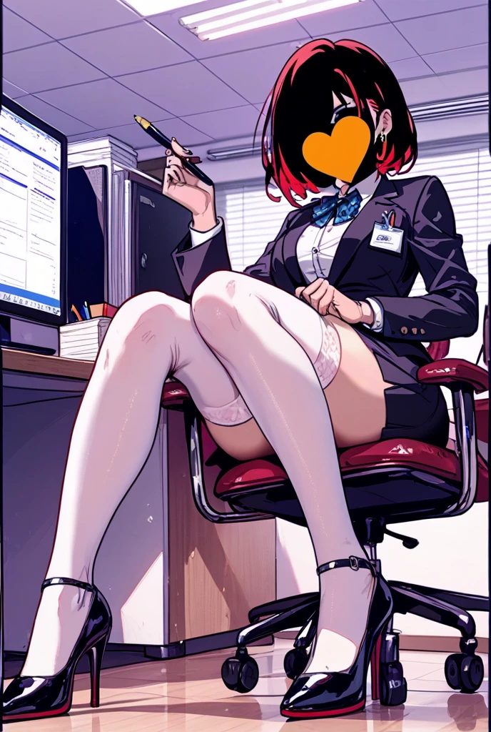 Girl in secretary outfit and skirt, wearing glasses with a dick stuck in her vagina and another in her mouth