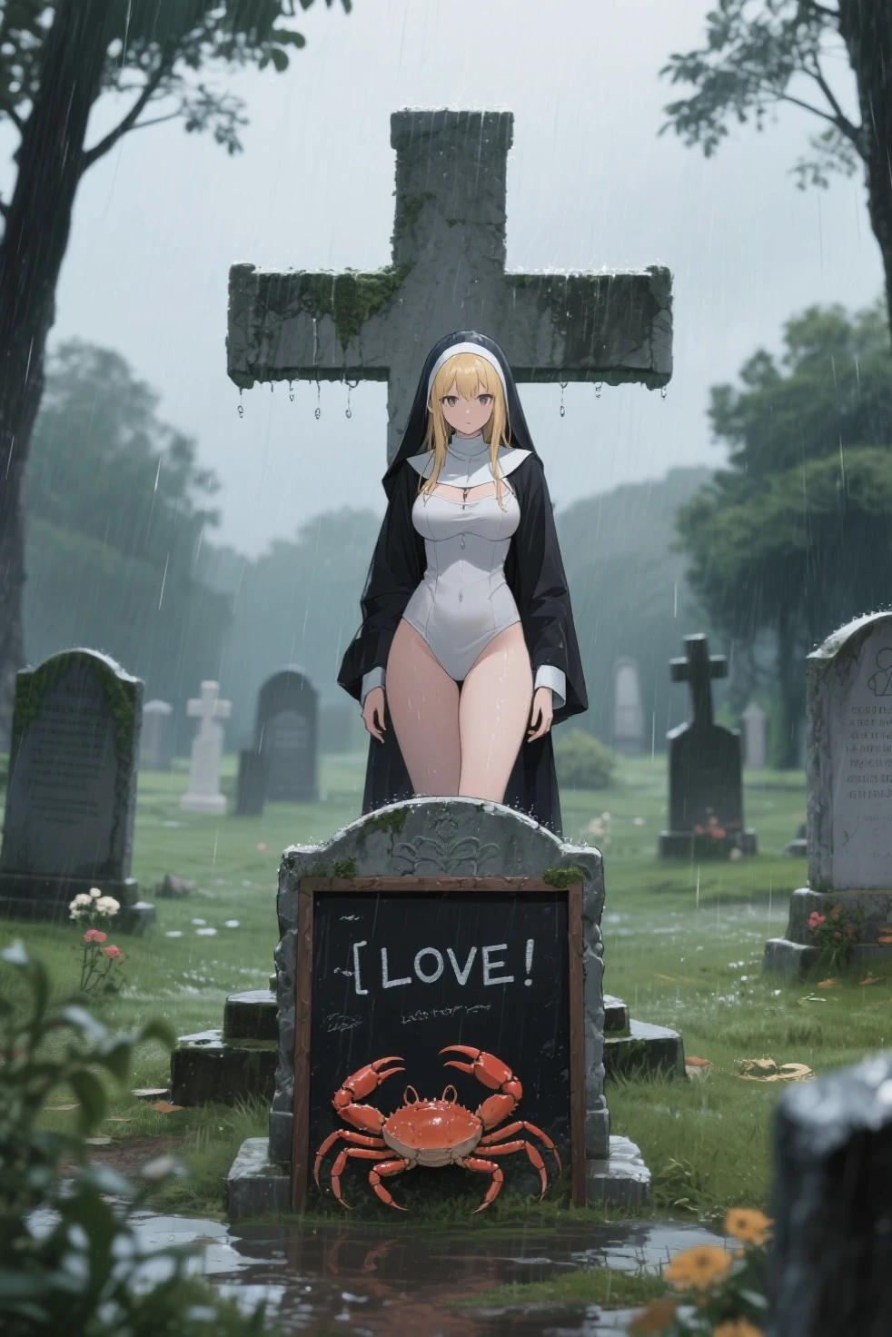 hight resolution, absurdres, best_Quality, Ultra_Detailled, 8K, extremely_clear, photo, beautiful, Beautiful face, Scharp Focus, HDR, 1girl, Clean eyes, very wide-eyed,old japanese graveyard in background with much moss, hanabi, Beautiful face, very red areola, standing , very seductive pose, very young, no bra, bare chest, No Top, NSFW, Blond long hair with red ends, pierced ears, marin kitagawa