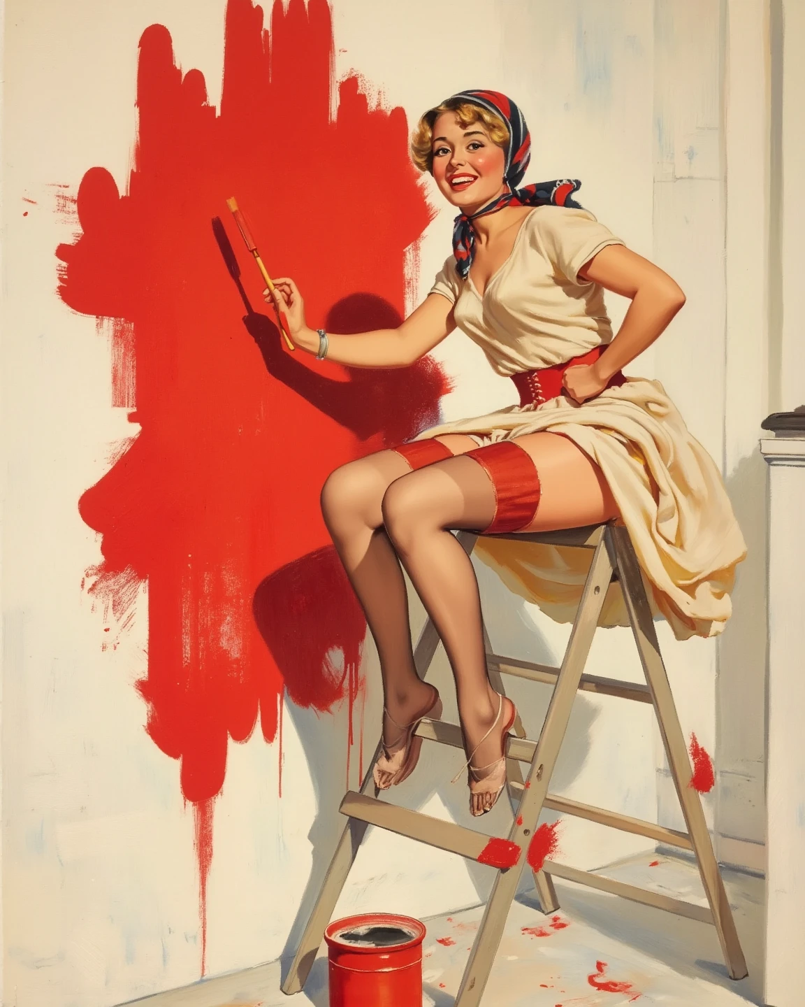Gil Elvgren illustration, a girl, the skirt is rolled up, panties fell off at her feet