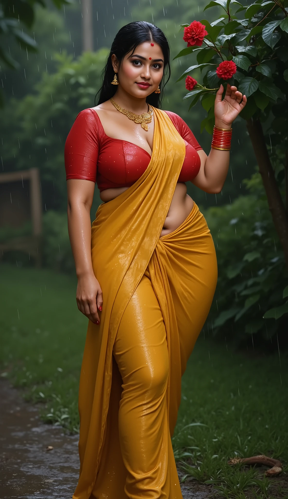 Indian beautiful busty woman bhabhi, Sindoor aka Vermilion mark in middle partition of hairs, middle parting ornament in hairs, Golden long necklace, Satin blouse, very deep cleavage, curvy plus size model wearing wet yellow Satin saree, red nail polish, plenty red bangles in hand, red dark medium bindi on forehead, red dark lipstick, heavy bridal makeup smudged slightly due to rain, showing navel and midriff, she is standing in a lush green garden on wet grass, in the rain, gently plucking flowers from a soaked bush, rain droplets covering her skin and saree, saree clinging to her curvy body, her big large m-cup breasts and curvy plus-size figure clearly visible through the wet fabric, side bun hairstyle loosened by rain, bright eyes, thin eyebrows, fair skin, blushing cheeks, perfect head to thigh view, rain falling around her, glistening wet oily shiny detailed skin, moody romantic rainy village setting, natural soft lighting, wet mud and green leaves in background.looking at viewer,showing deep cleavage and thigh,