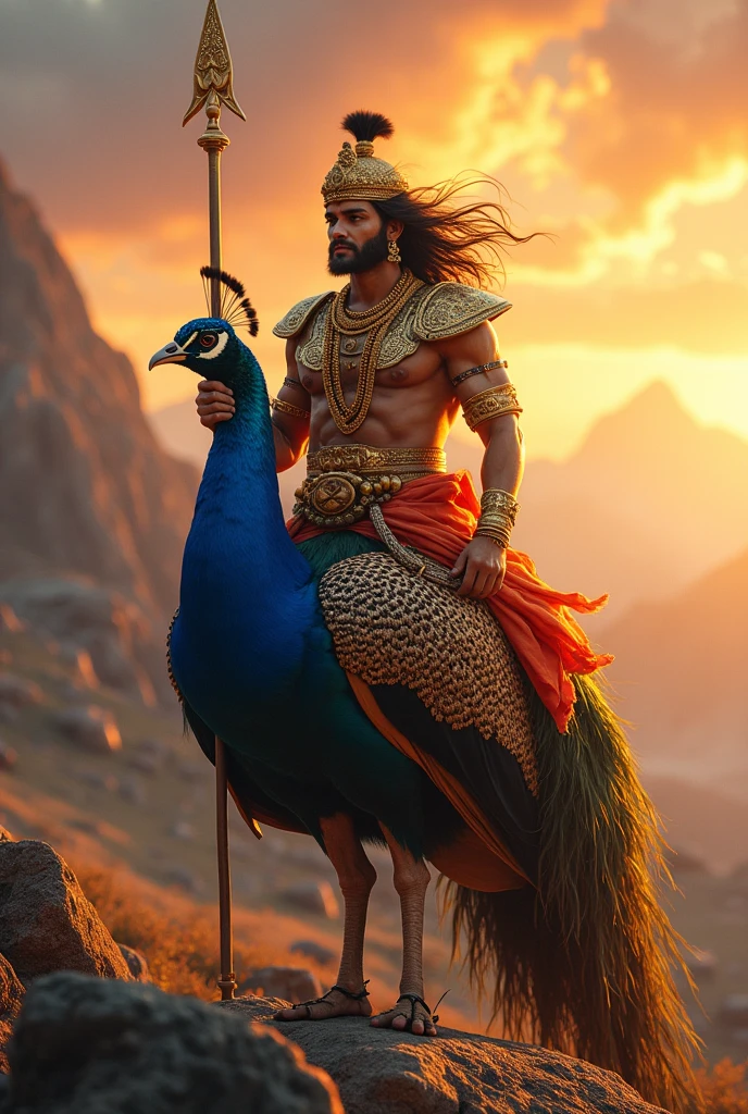 Imagine a majestic depiction of Lord Murugan, the revered Hindu deity, gracefully seated on his divine peacock. The scene is set against a dramatic backdrop of towering mountains, with vibrant colors and intricate details that enhance the sense of grandeur. The peacock’s feathers shimmer in the sunlight, and Lord Murugan, adorned in resplendent attire, stands as a symbol of valor and wisdom. Cutie child face
In the foreground, a fierce battle unfolds, capturing the divine warrior’s role in protecting and guiding. The chaos of the war contrasts with the serene and powerful presence of Lord Murugan, emphasizing his role as both protector and leader in the celestial realm. The overall composition combines beauty and intensity, reflecting the divine drama of this celestial