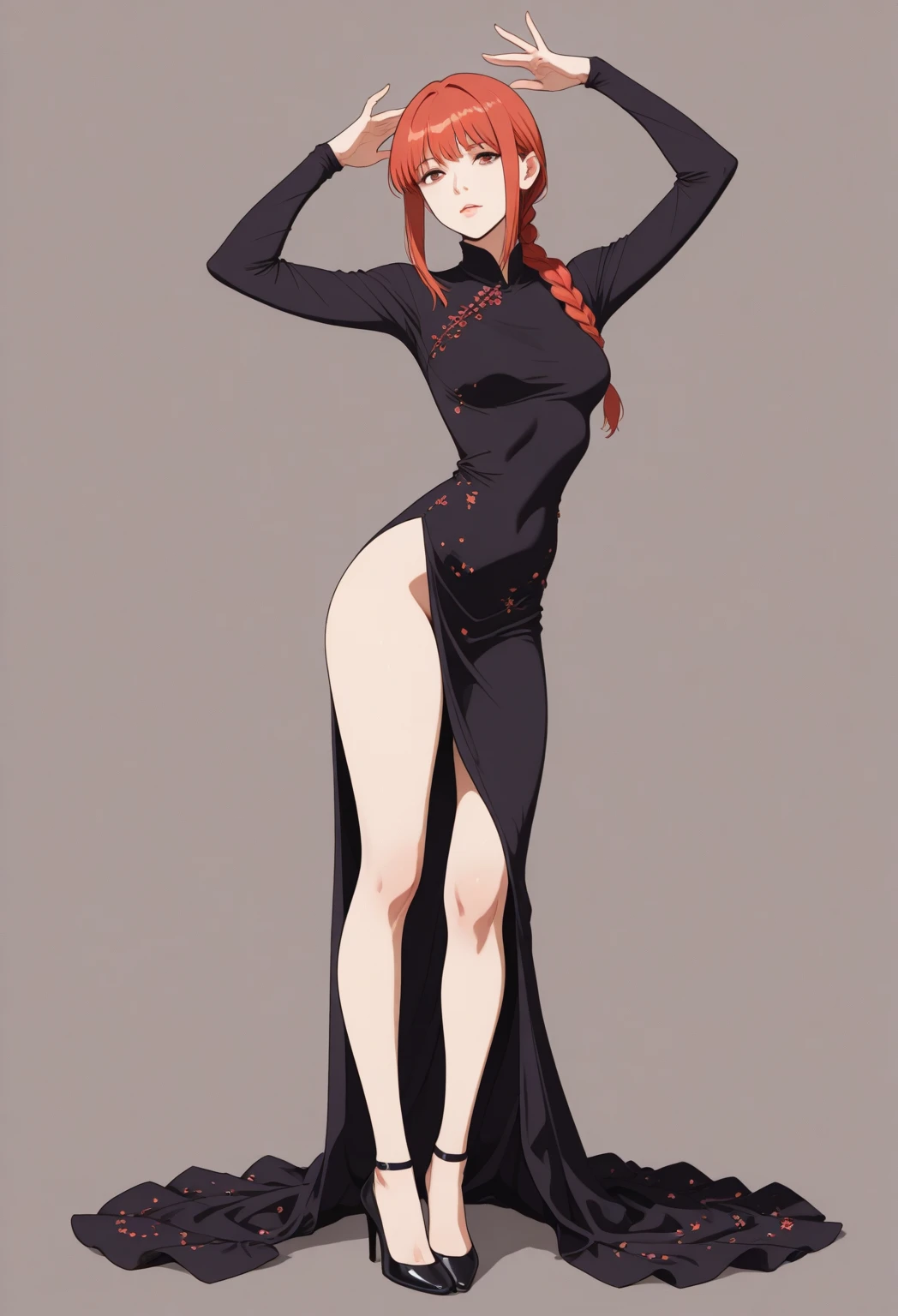 Parasoul, mature woman, long legs,sexy ,exaggeratedly short dress ,long tight sleeves, ultra black dress ,semi-exposed thighs ,medium hips, medium breasts