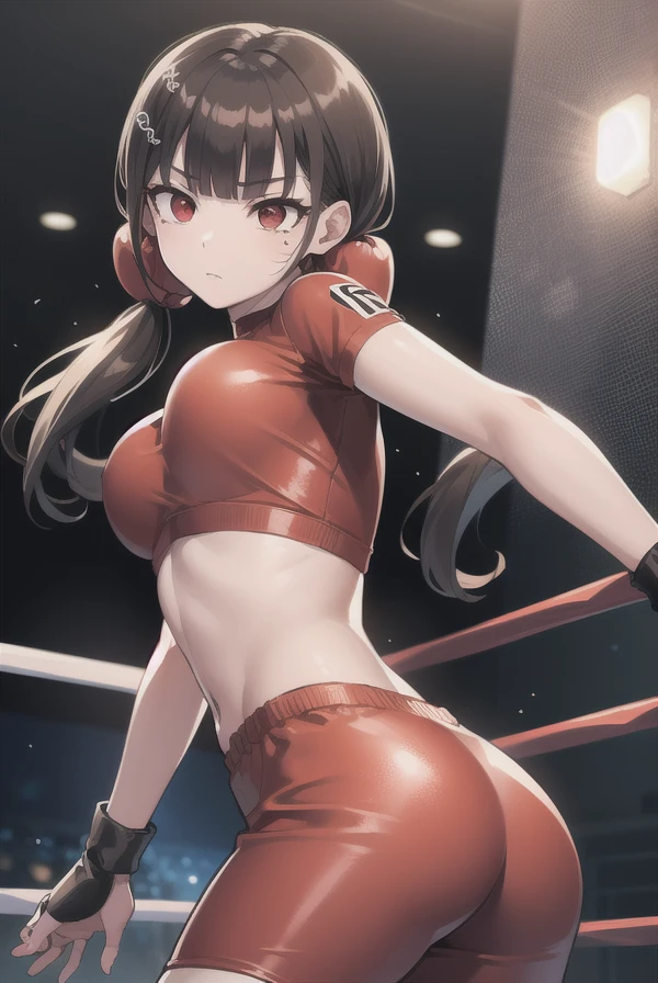 Cute girl, wrestler, short curly brown hair, light brown eyes, smile, collar, tight red clothes, exposed stomach, bare shoulders, short pants, big breasts,