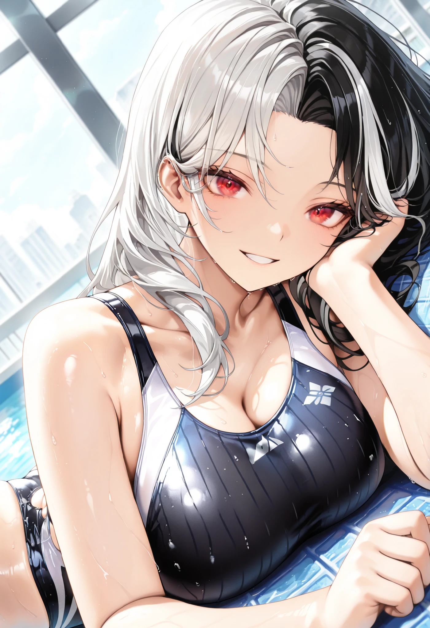 (master piece:1.2,high high quality), (pix:1.4), (1girll:1.2), (独奏:1.2), (God Seven:0.6), ,
Kasumioka Yutaha,Mature female body,Red Eyeshadow,big cleavage breasts,Blue student uniform,Undo the collar,white hair clip,red color eyes,Blushlush,pervert smirk,
exteriors,swimmingpool,Top level,(natta:1.5),As estrelas,lamplight,a plant,Plants in pots,Luxury swimming pool,