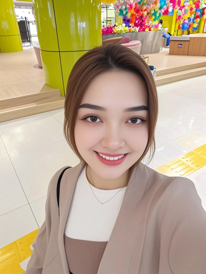 ((best quality, 8K, masterpiece:1.3, medium long shot photo, Sharp:1.2)), neutral light,
beautiful female figure:1.4, ???? body, oval face shape, detailed eyes, smile，二重まぶた，

((Long layered slightly wavy hair style, dark hair color)),

(sport clothes：1.6， red clothes color,satin material),  in the mall：1.3，Very detailed facial and skin texture，body position in front of the camera, looking into side