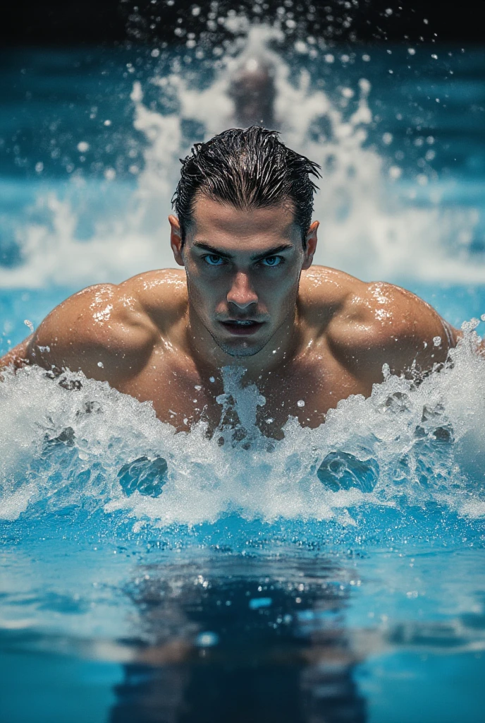(best quality,4k,8k,highres,masterpiece:1.2),ultra-detailed,(realistic,photorealistic,photo-realistic:1.37),male,shirtless,handsome,attractive,muscular,in pool,swimming,wet skin,water splashing,dramatic lighting,warm color palette,cinematic composition