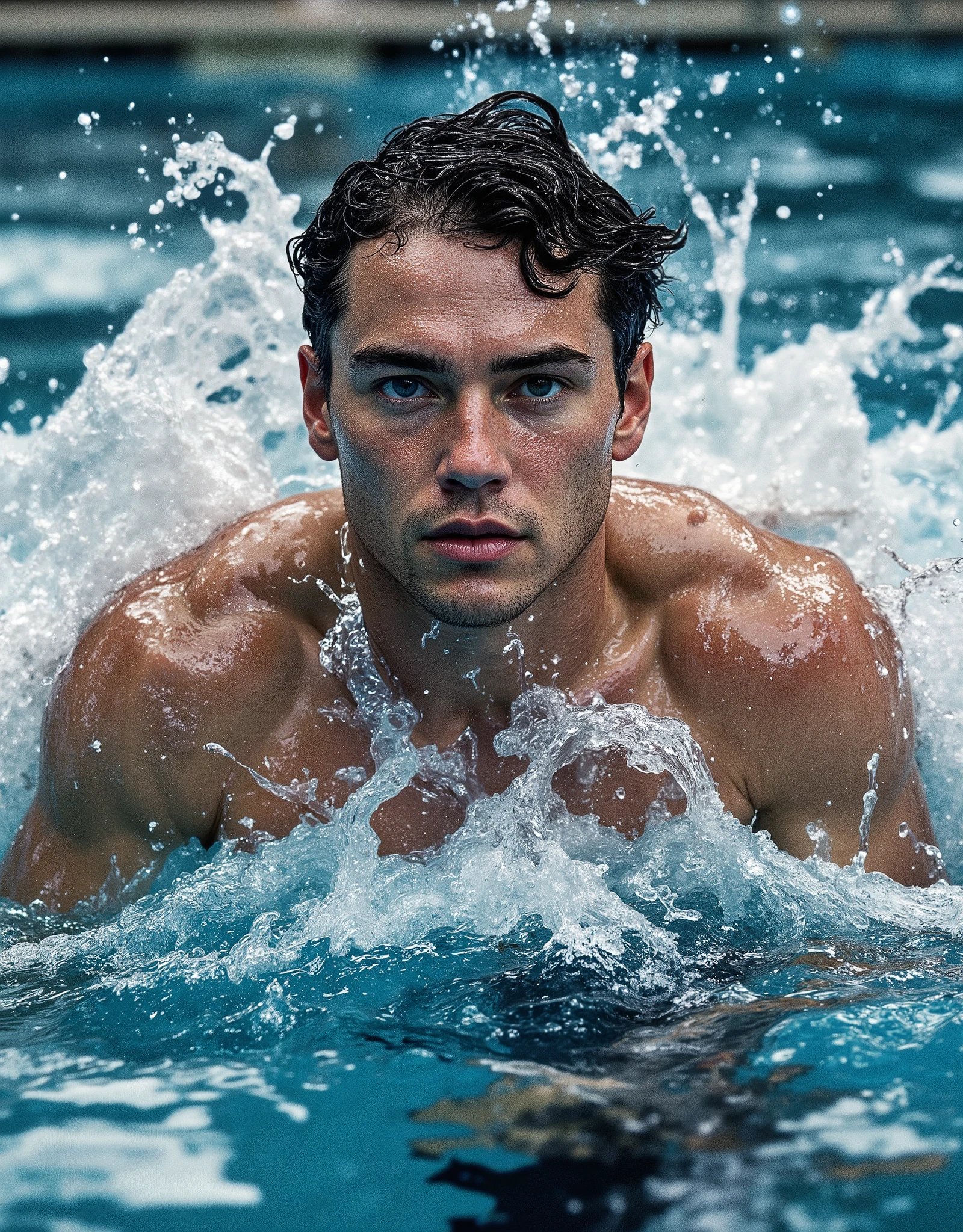A stocky, muscular male record-breaking swimmer swims in a butterfly pool, swimming in shoulder-deep water, wet hair combed back, wet face, athletic dynamic shot, mid-movement, rolling muscles, breathtaking, stunning, huge splash of water.