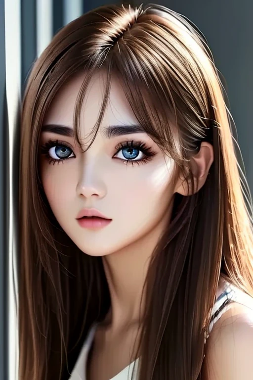 Japanese girl, 2 dimensions, big eyes, blue pupils, long eyelashes, long brown hair, 3D, medium view, HD wallpaper, 4k --auto --s2
