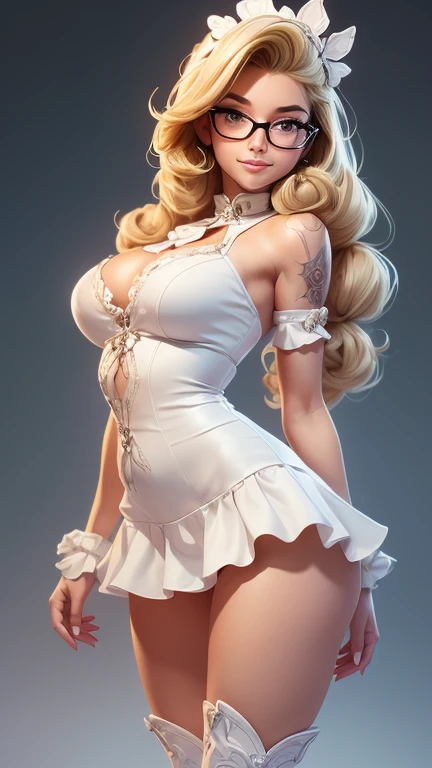 Generate an illustration of a mature lily, 1girl, looking slightly to the side, laying on knees, view from behind, perfect ass, ((Tekken)), blonde hair , (aletta ocean face), de terno preto, (short dress:1.3), hair bangs, long hair, (large breasts:1.4), in anime format with a serious style, (white dress), ((frilled dress)), white boots, gothic make up, masterpiece, ((dark lighting)), black background, (puffy lips),((slendered abs)), beautiful face,