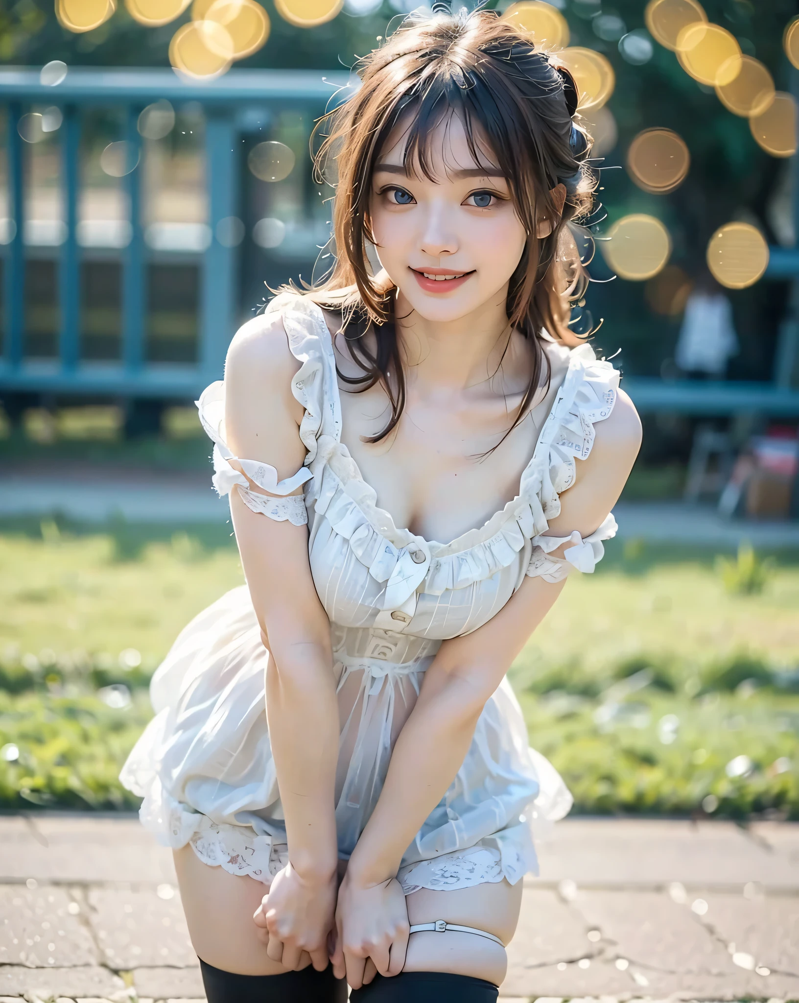 (Masterpiece:1.0), (Best Quality:1.4), (Ultra High Resolution:1.2), (Delicate Illustration:1.4), (8k, RAW Photos:1.2), (Soft Focus:1.4), 1 Young Girl, (25 Years Old:1.3), (Sharp Focus:1.4), Detailed Beauty Face, (Detail Maid Clothes:1.4), (Lace Choker:1.2), Beautiful White Glossy Moist Skin,, Looking at the camera, smile, (squatting, legs spread), short cut, brown hair, floating hair, braided hair