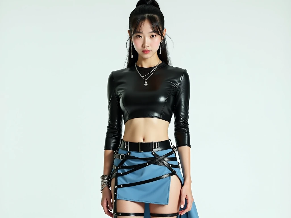 (8k、RAW Photos、highest quality、masterpiece:1.2)、(Realistic、Realistic)、1 girl、((White tank top、Arm Covers、Gloves、Knee socks、garter belt、boots、Black Mini Skirt、Belly button、smile、underground warehouse、Spread your legs、Standing with hands on hips))、