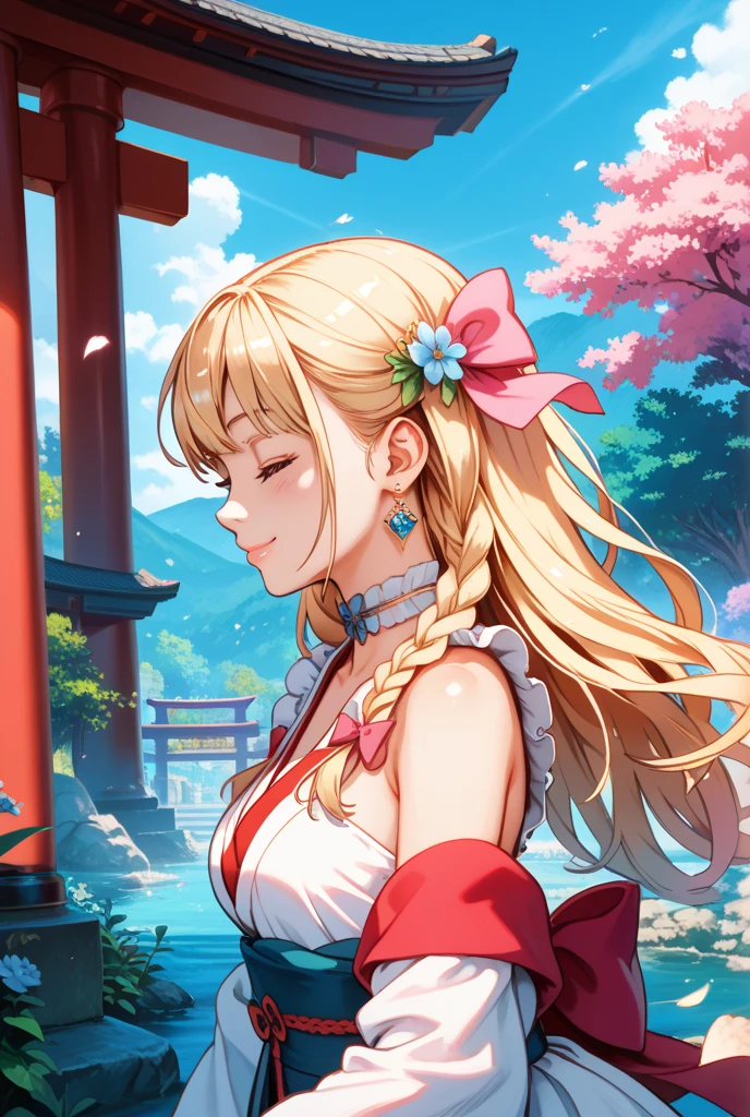 best quality, masterpiece, highres, detailed, digital artwork, <lora:Detail - add_detail:0.2>, MinervaVG, blue eyes, blonde hair, nontraditional miko, sakura <lora:Character - MinervaVG:0.8>, upper body, temple, excited, praying,