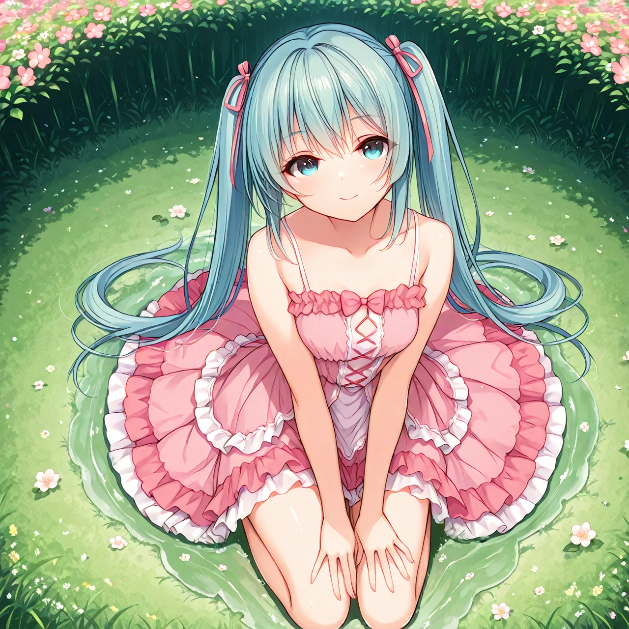 (masterpiece、highest quality、highest quality、Official Art、Beautiful and beautiful:1.2)、(One girl:1.3)Hatsune Miku、Twin tails,Beautiful breasts,High Quality Fantasy Comedy Anime Illustration. Innocent girl catching magic soap bubbles with her hands, The little fairy is in a hurry The little fairy is in a hurry、Squeezed in unbreakable soap bubbles.