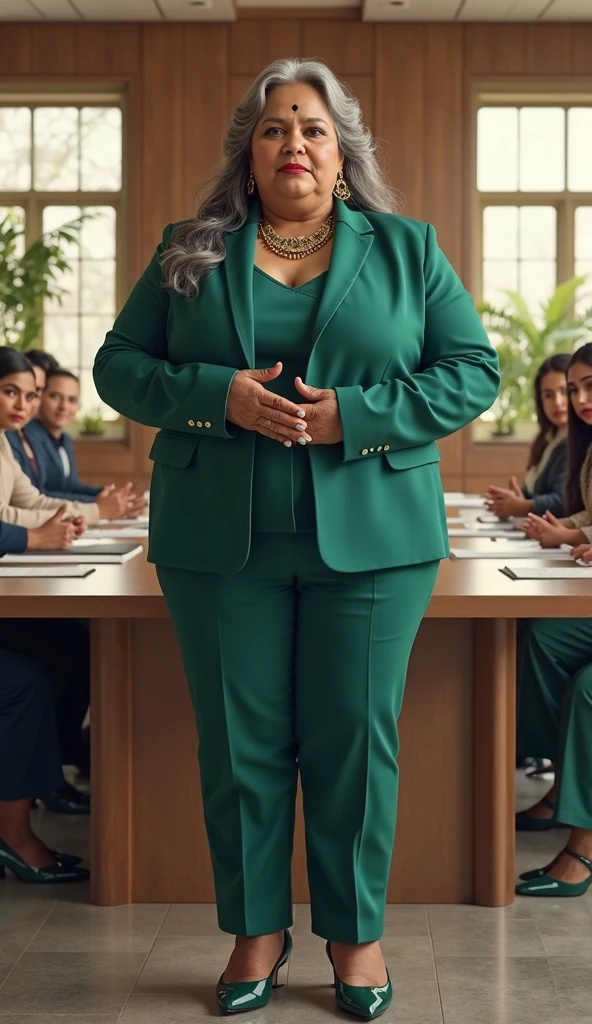 Create a middle-aged black woman, Extremely beautiful, Bullish, long thick legs huge breasts, Waist slender, very wide hips, plus size style, wearing a very elegant green suit, casual and elegant, low-cut, Ablaze, has a chin dimple, full lips and big eyes, expressive, wears glasses.
Who wears a chic gold necklace and many other jewels, cabelo Black Power, and be in a corporate setting, holding a briefcase or a Leo top in one hand, with other women and some men beside her receiving professional orders.