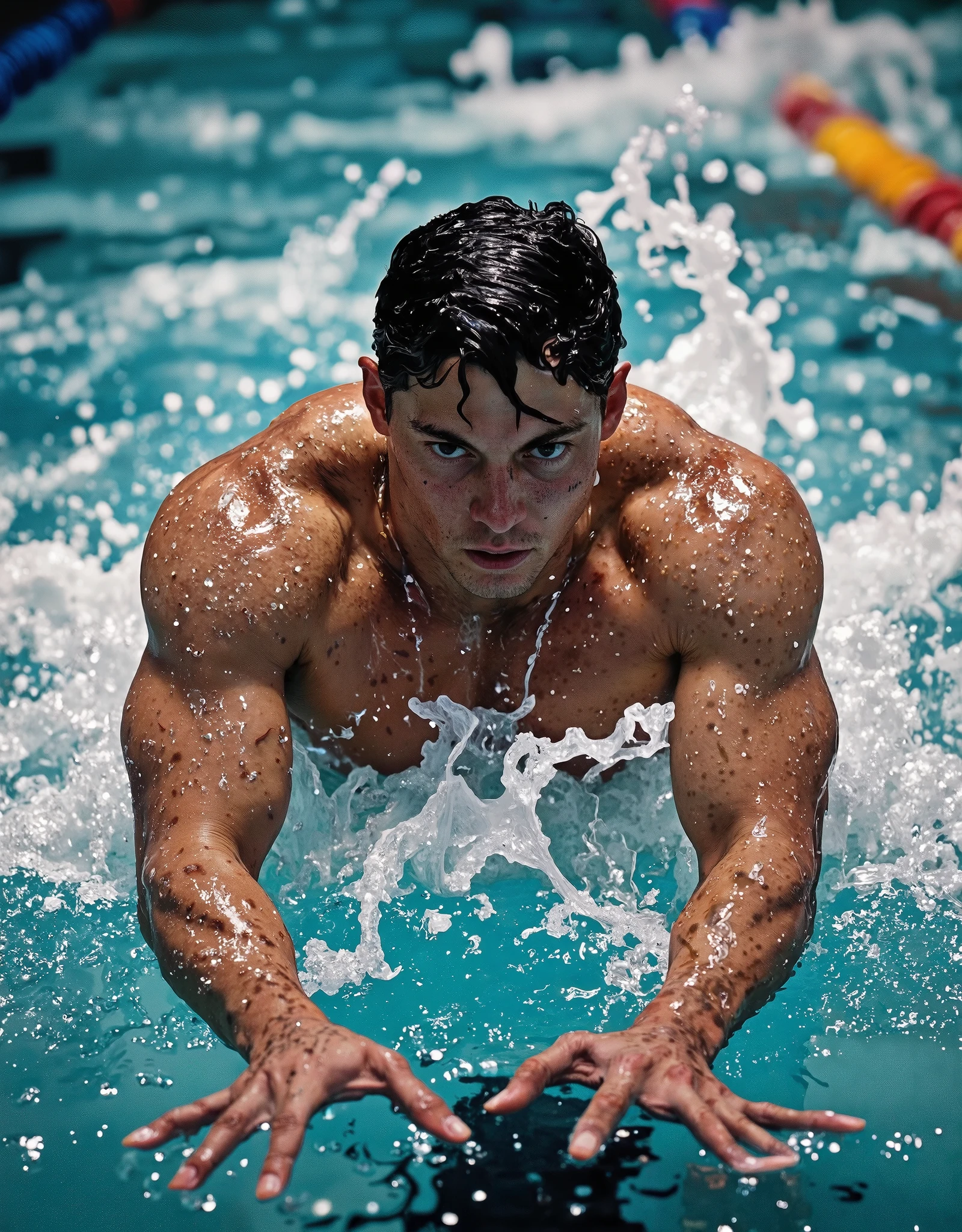 (1boy, photorealistic:1.4, ultra realistic, masterpiece:1.2, best quality, 4k), depict a young and handsome olympic male swimmer wading in an olympic pool nude with his speedo floating on the water next to him, shocked and embarrassed expression on his face, photo from the olympic games, detailed face, ultra realistic skin, Olympic Games, shot on Nikon d850 50mm, dlsr, RAW, cinematic lighting, 3 point lighting, flash with soft box