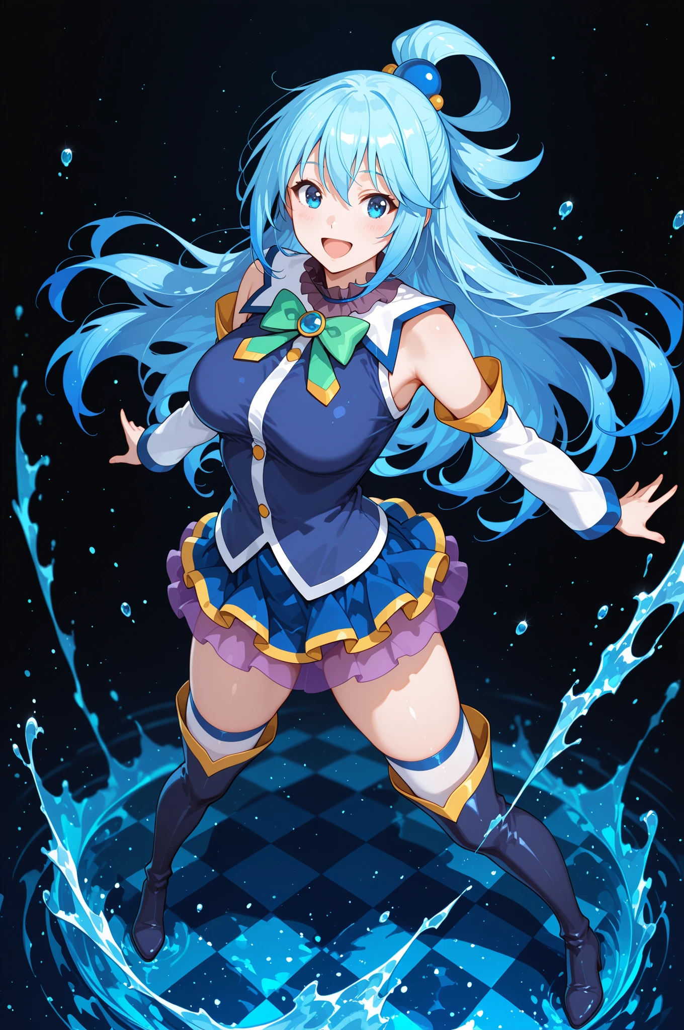 leviathan (mega man), deep sea, skindentation, looking at viewer, 1girl, smile, white bodysuit, blue thigh boots, diving, summoning ice dragon, water drop, masterpiece), (highly detailed, hdr, vivid colors, depth of field, blurry background), best quality, expressive eyes, perfect face, volumetric lighting, light particles,BREAK, high quality, leviathan_\(mega_man\)