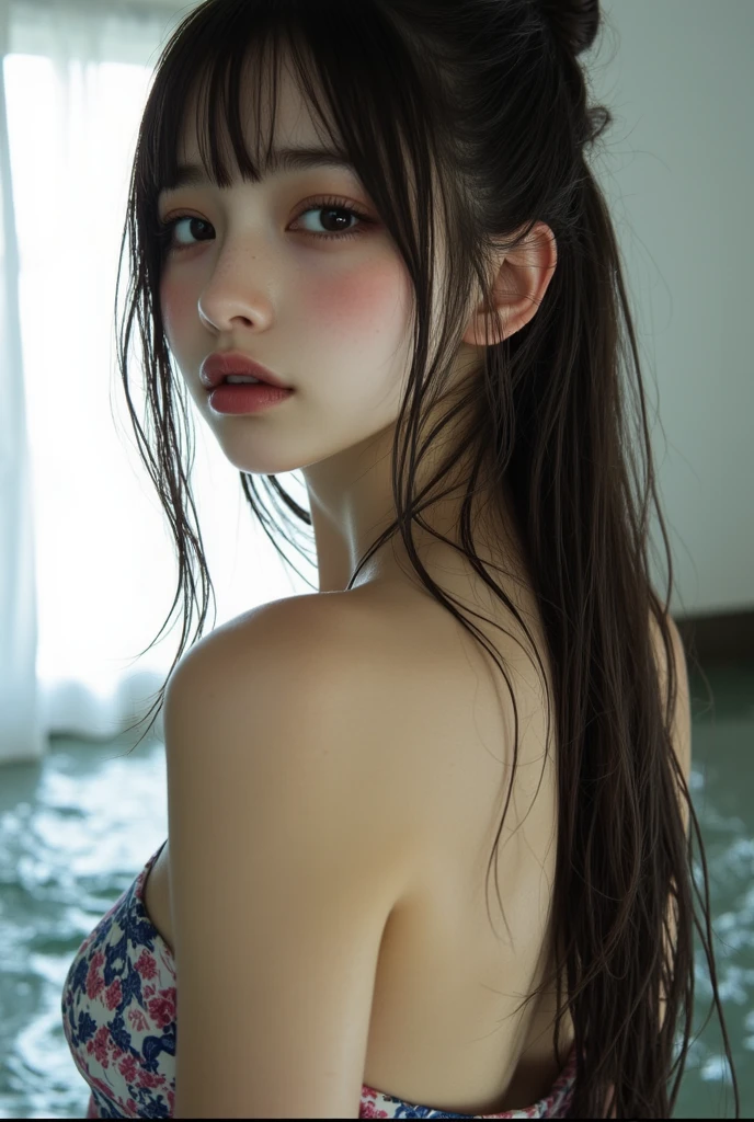 sexy girl in bathroom，Wet pubic hair，Charming eyes，Heartwarming action，from the rear，Turn your face away from the camera，stooped，Bend over，turn back，Look up at your head，transparent silk pajamas ，barechested，thick long hair，Highly detailed body，Highly detailed face，best qualtiy