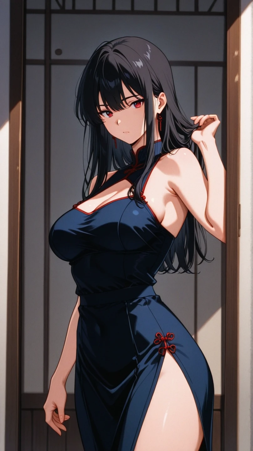 (masterpiece), best quality, BREAK, expressive eyes, (perfect face), 1girl, BREAK,( very long hair, black hair, ponytail), BREAK, (red eyes, agressive eyes, detailed eyes), BREAK, (unpleasant facial expression), BREAK, (very tall height), (skinny build), BREAK, (red dress), BREAK, (downtown), BREAK, (standing), (sideview)