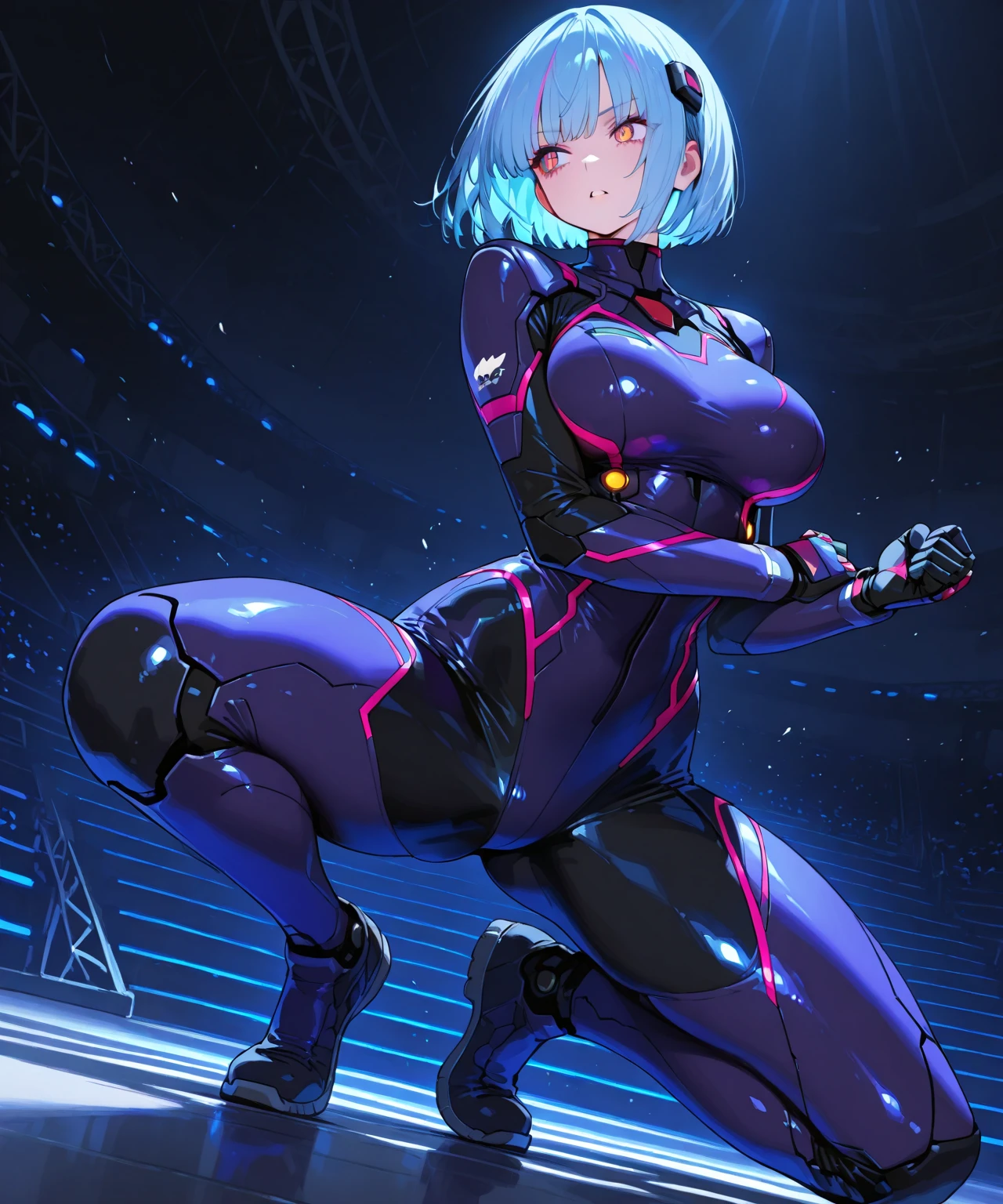 1girl, breasts, large breasts, blue hair, very short hair, pixie cut, bodysuit, black bodysuit, blue trim, science-fiction, futuristic, tech, neon trim, neon, smile, full body, sneakers, shoes, ((full body))