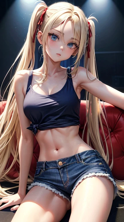 One girl, solo, Big round breasts, clevage, curvy body, realistic, blonde hair, light green eyes, amazing big eyes, eye details, eyebrow details, white crop top, denim skirt, big lips, blush, confident, dominant, bdsm, smirk, naughty, mischevious face, HD, good quality, crop top, curvy, standing up, lounge area