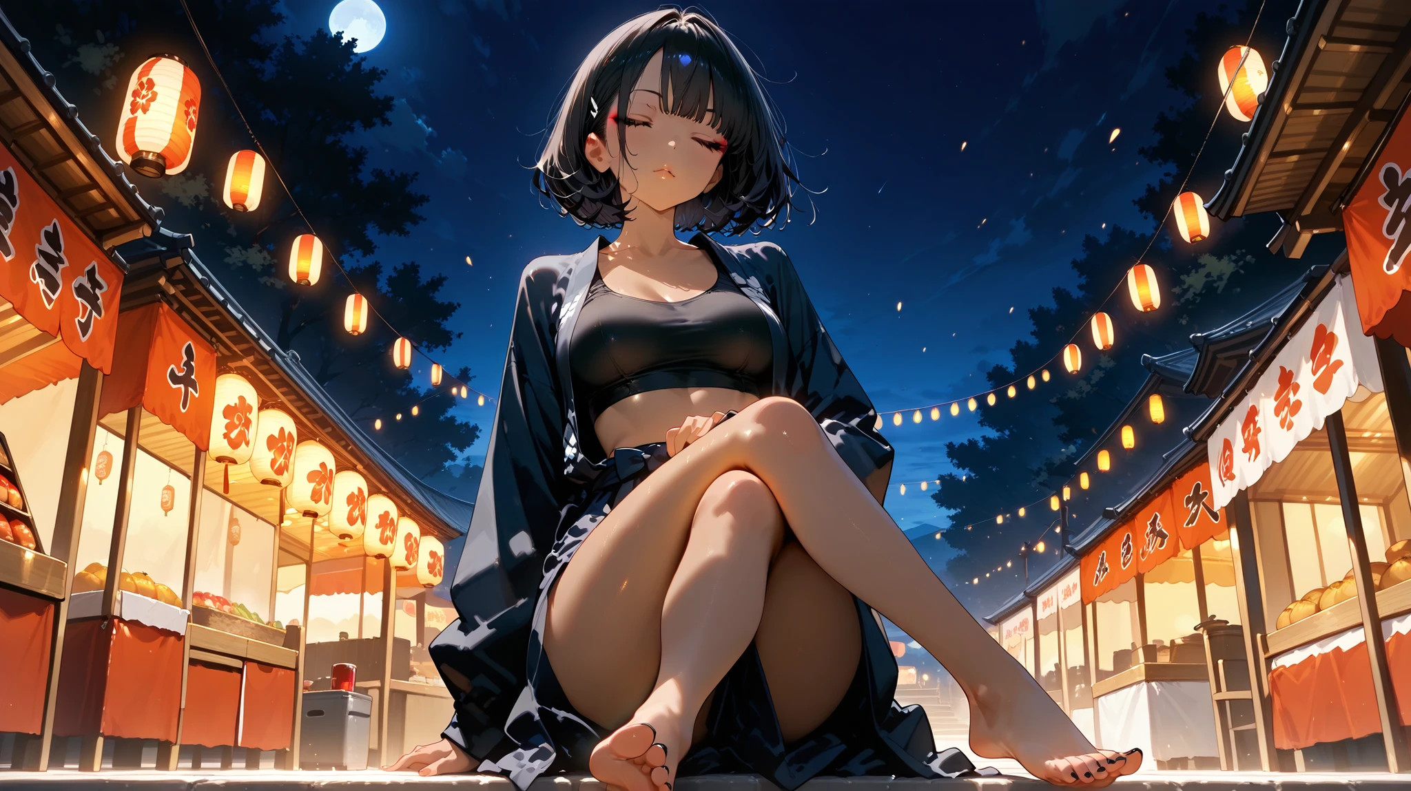 solo, female, teen, teenage, eighteen, young, messy short black hair, tan lines, nude, no clothes, legs spread, sitting on bench, at night, full moon, stars, blushing face, fingering vagina, eyes half closed, in park, masterpiece, high quality,