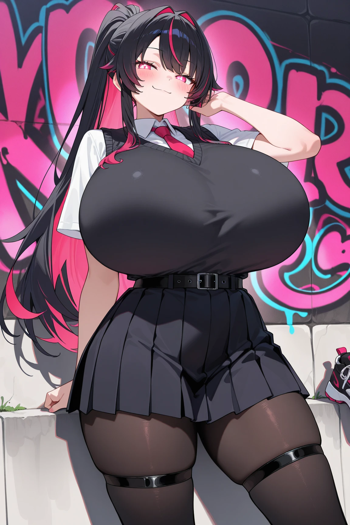 Beatiful sexy Black socks , Black skirt , bra , big breasts , NSFW , tall legs , smile , ( milf ) , HD , detailed eyes , garden , teasing
